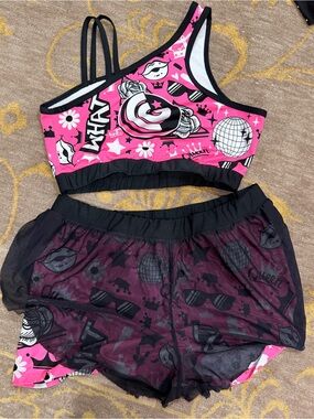Pink Graphic One-Shoulder Crop Top & Sheer Shorts Set